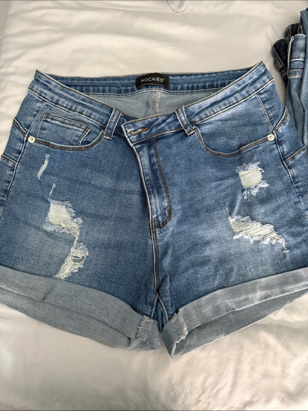 Light Blue Distressed Rolled-Hem Denim Shorts